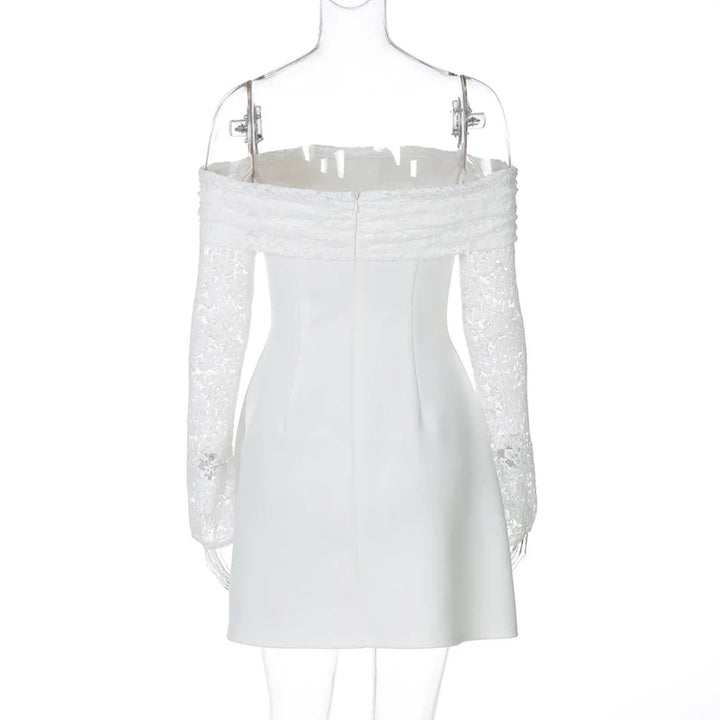 Satin mini dress with off-shoulder and lace sleeves - AMALIA