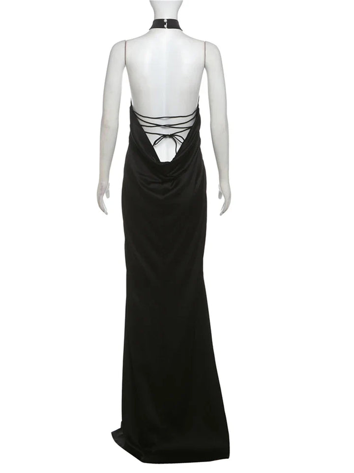 Maxi Satin Dress with Collar and Open Back - Aliya