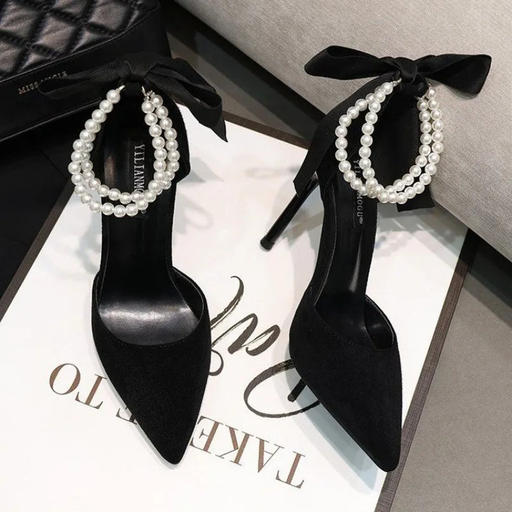 Suede Pointed Heel Shoes with Pearls and Satin Bow - Pearl