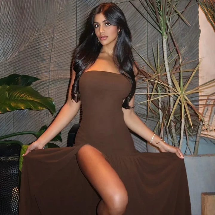 Maxi Strapless Chiffon Dress with Slit Detail - Pia