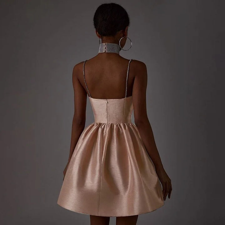 A-Line Satin Mini Dress with Sequin Straps - Miel