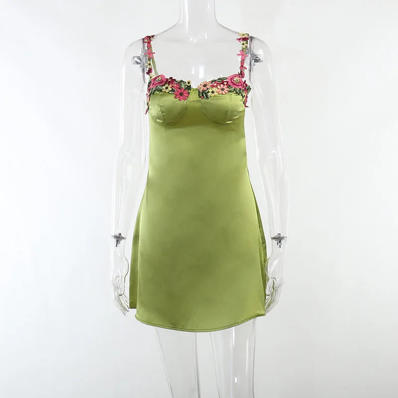 Satin Mini Dress with Floral Decoration - Sarin