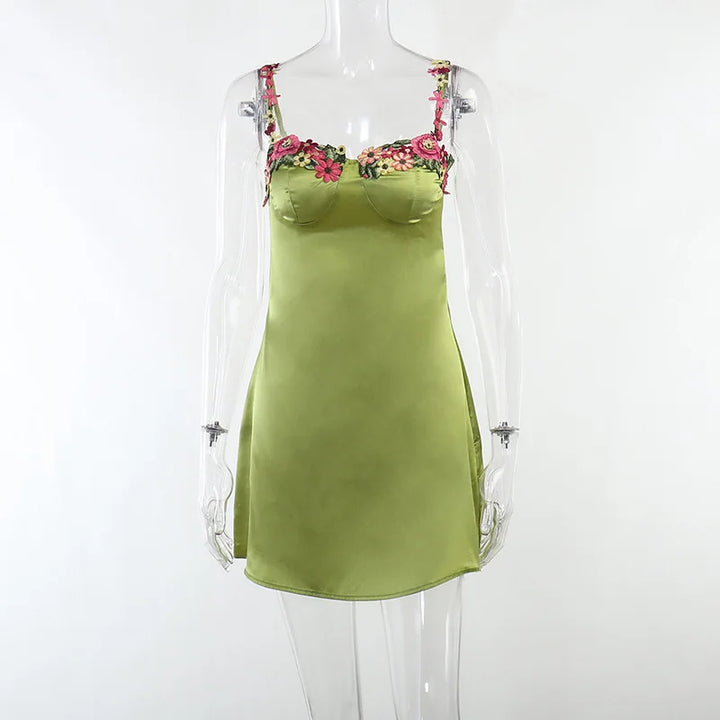Satin Mini Dress with Floral Decoration - Sarin
