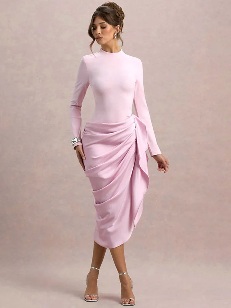 Midi Dress with Satin Design and Asymmetric Length - NIRA