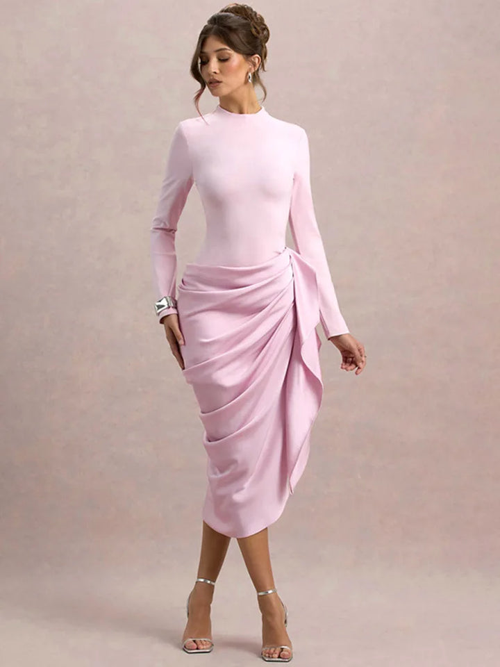 Midi Dress with Satin Design and Asymmetric Length - NIRA