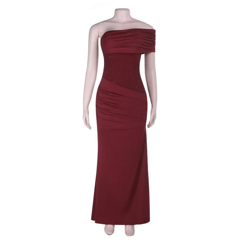One-Shoulder Maxi Dress with Pleats and Sequins - Ara