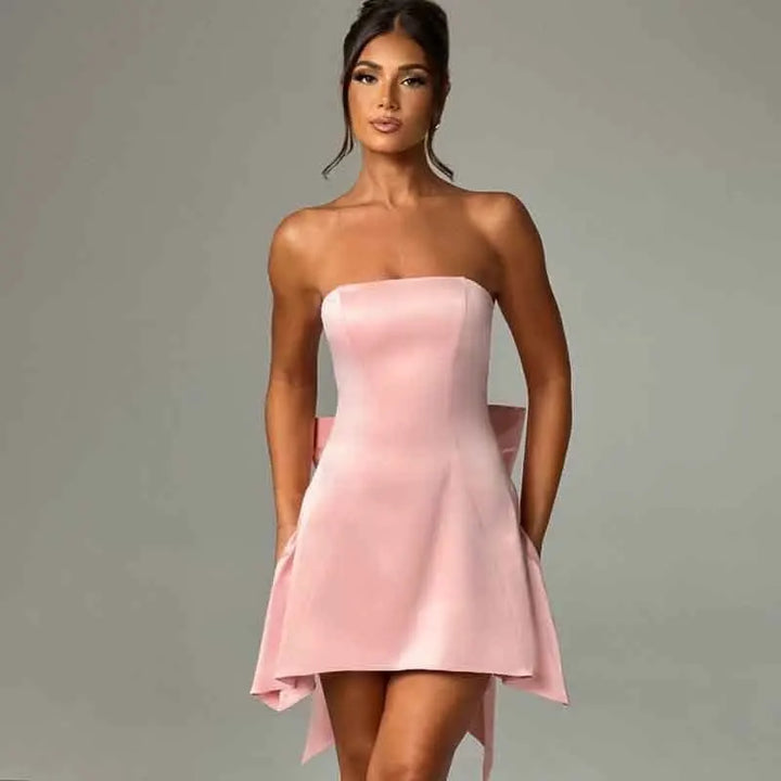 Strapless Satin Mini Dress with A-Line and Asymmetric Bow Detail - Roselyn
