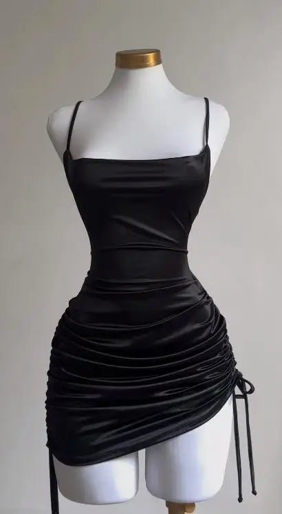 Satin Mini Dress with Tie Strings for Length and Ruching Adjustment - Tara