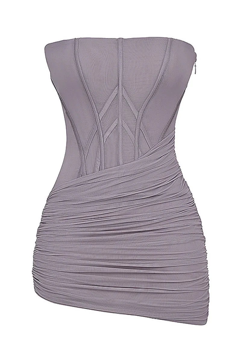 Strapless Mini Dress with Corset Design and Pleats - Yelin