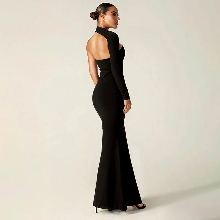 Asymmetric maxi evening dress with deep slit and one sleeve - Eva