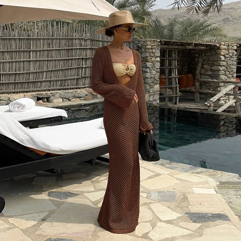 Mesh Maxi Beach Dress with Open Chest/Back - Amber