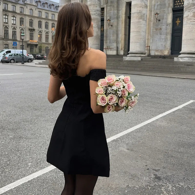 Mini A-line dress with off-shoulder V-neck - AMOR