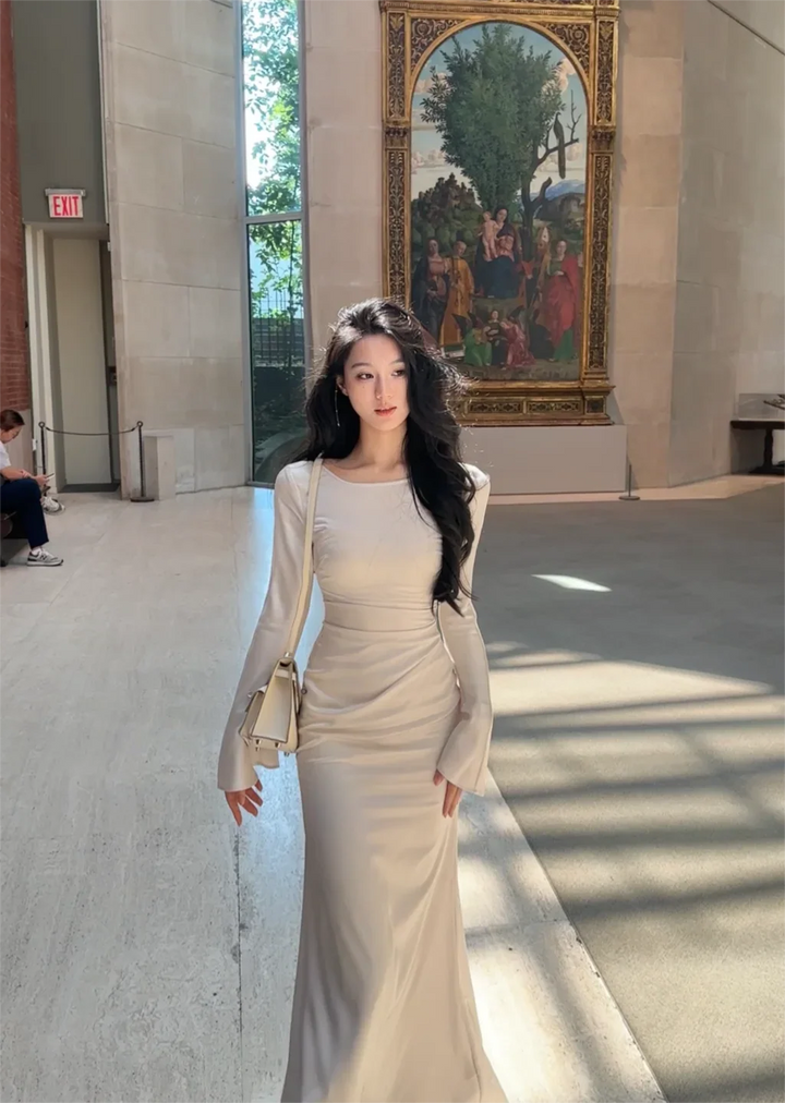Elegant maxi satin evening dress with bell sleeves - Sahar