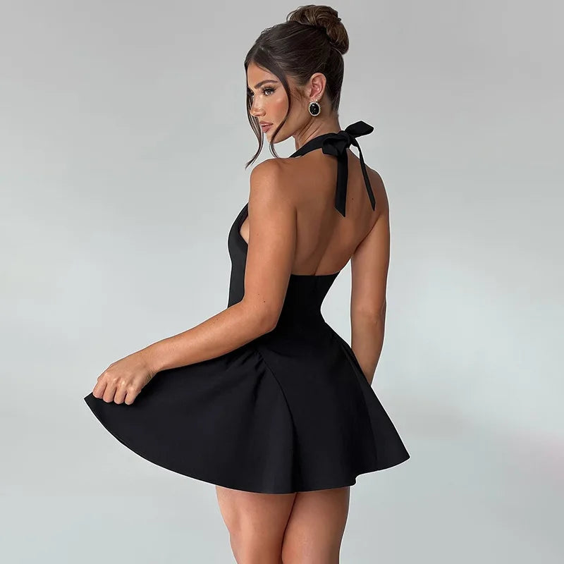 Mini A-line dress with V-neck and neck tie - Yolanda