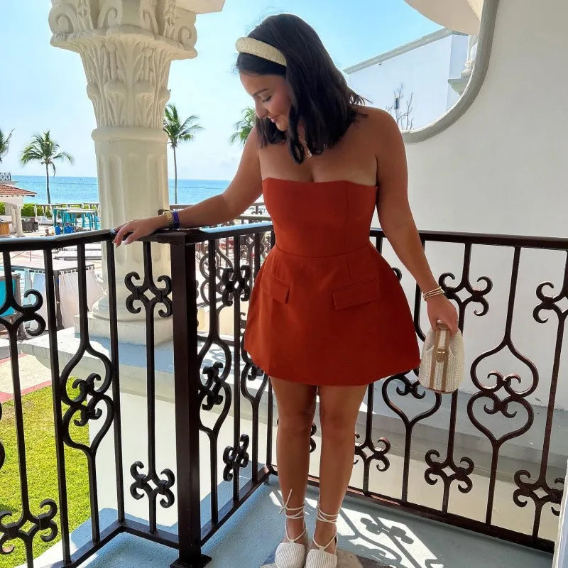 Strapless A-Line Mini Dress with Faux Pocket Detail - Angeles