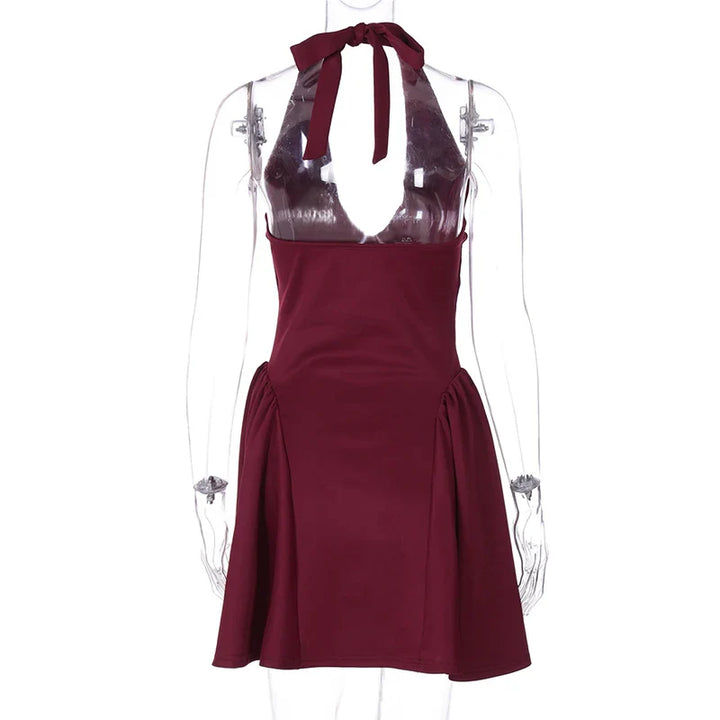 Mini A-line dress with V-neck and neck tie - Yolanda