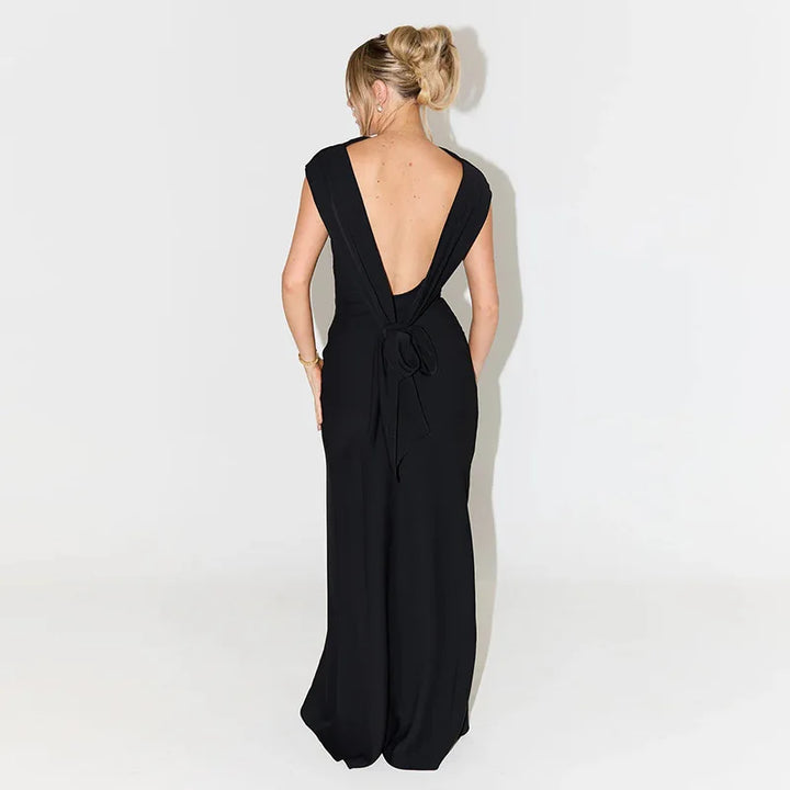 Elegant evening maxi dress with open back and train decoration - Ataret