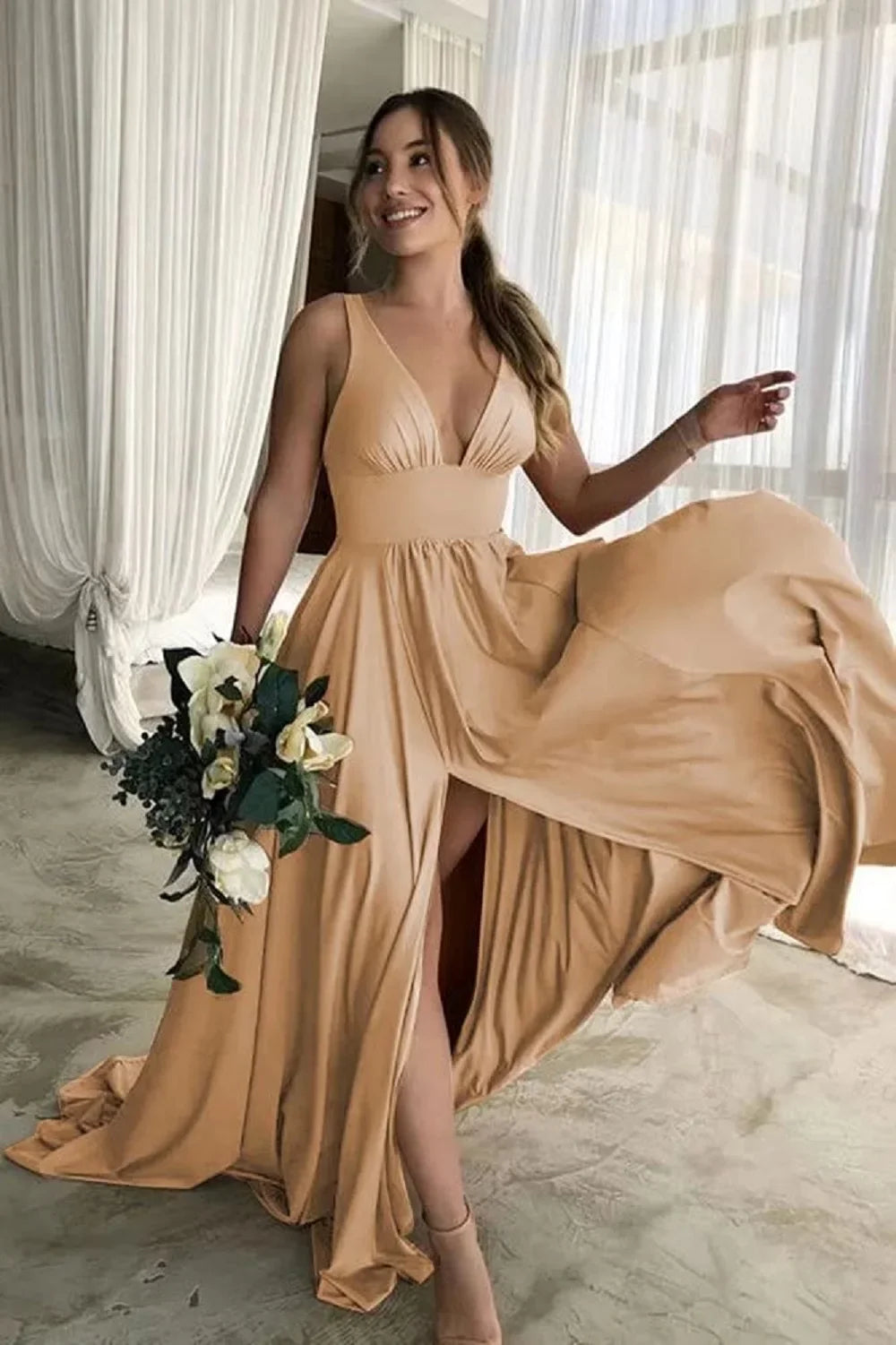 Elegant Maxi Dress with Slit, V-Neck, and Open Back - Noya Lee