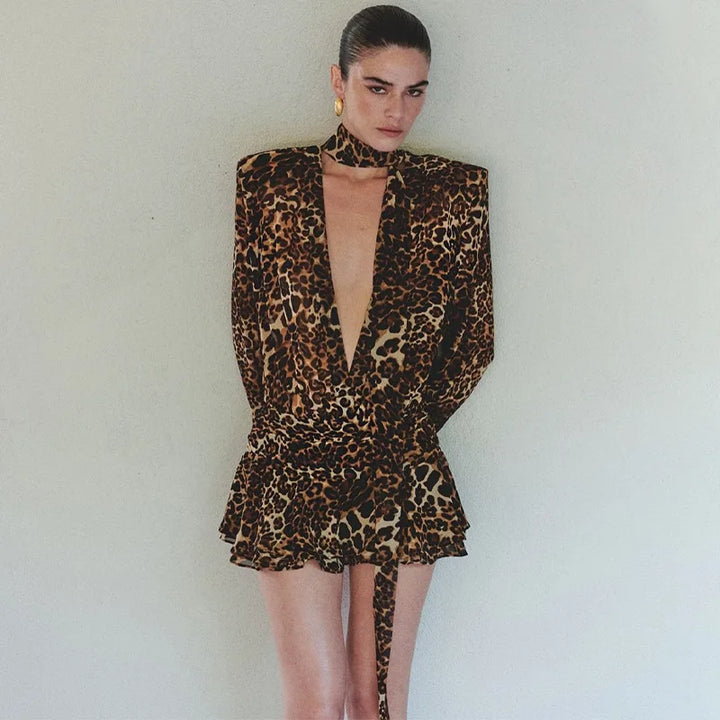 Short leopard print jumpsuit with deep V neckline and matching scarf decoration - Masha