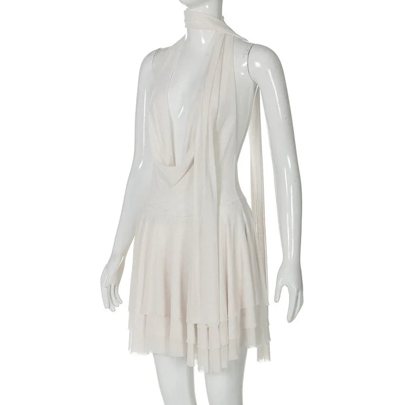 Chiffon Mini Dress with Ruffle, Open Back, Dropped Collar, and Matching Scarf Decoration - Lexi