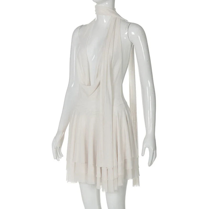 Chiffon Mini Dress with Ruffle, Open Back, Dropped Collar, and Matching Scarf Decoration - Lexi