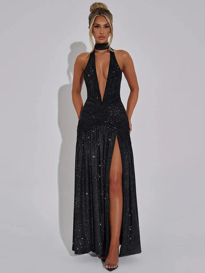 Glitter Maxi Dress with Slit, Deep V-Neck, Open Back, and Neck Tie - Emery