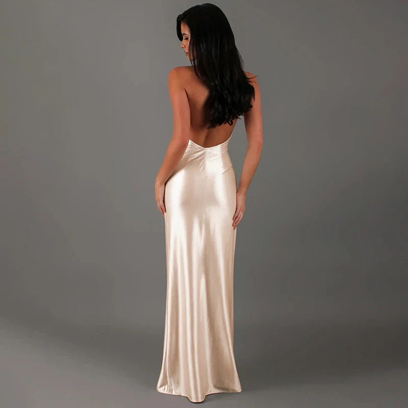 Open Back Satin Maxi Dress with Slit and Matching Scarf Decoration - Felicia