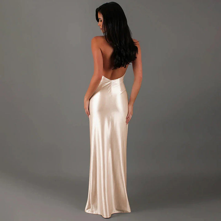 Open Back Satin Maxi Dress with Slit and Matching Scarf Decoration - Felicia