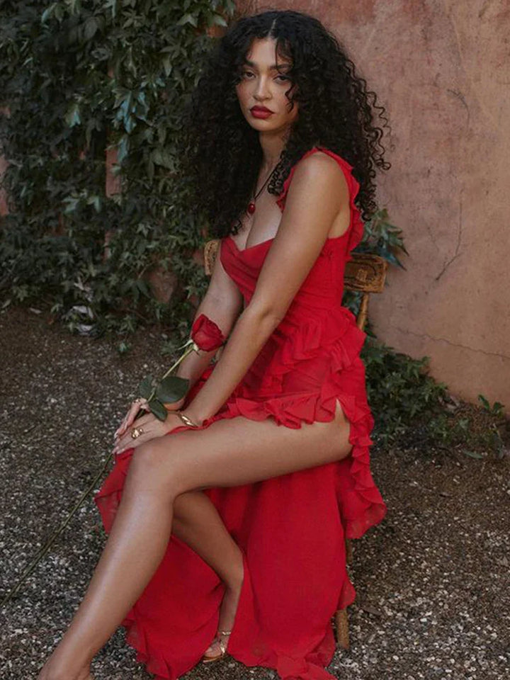 Maxi dress with ruffle decoration and slit design - Yahelia