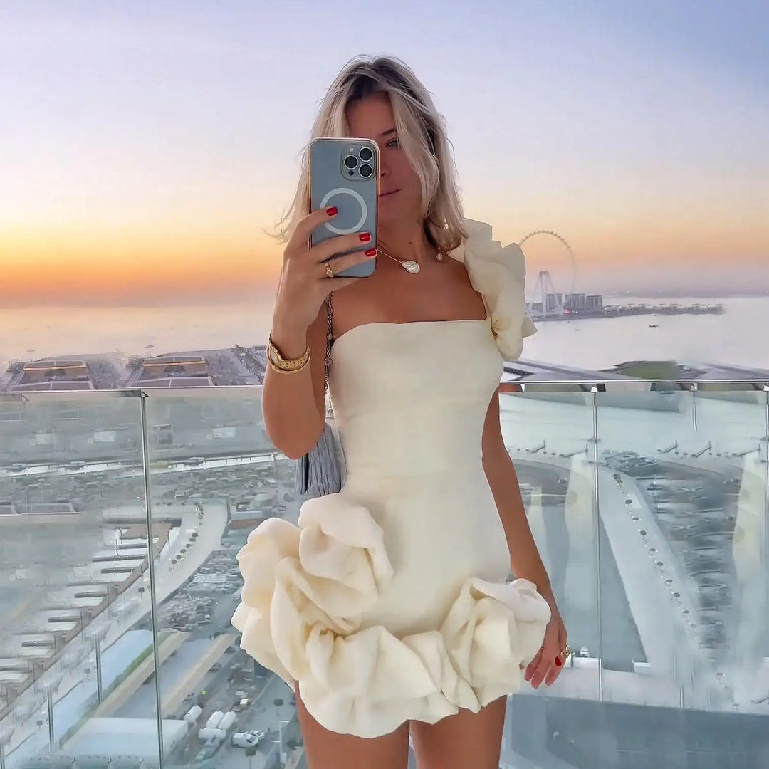 Mini Dress with Pleats and One-Shoulder Design - Florina
