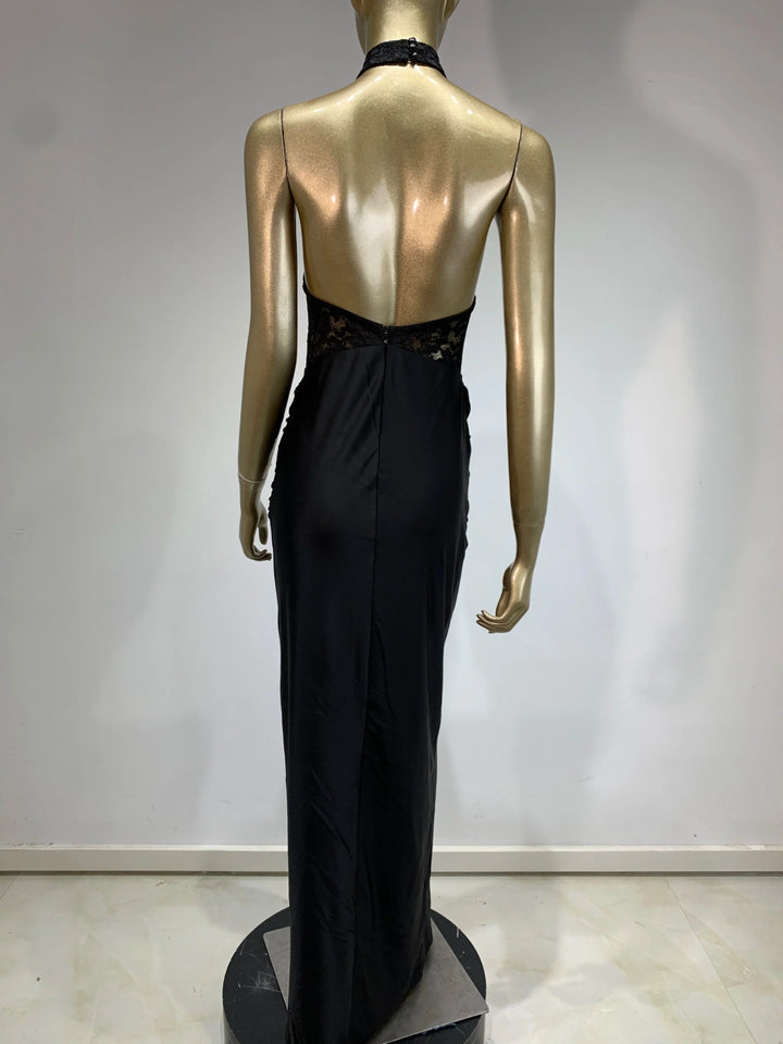 Maxi Dress with Ruching, Collar Cut, Opaque Lace Design, and Open Back - Elliana