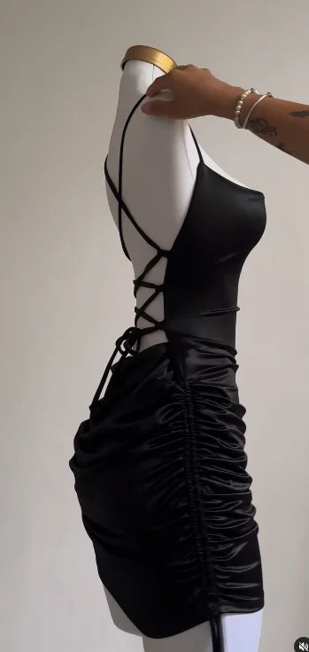 Satin Mini Dress with Tie Strings for Length and Ruching Adjustment - Tara