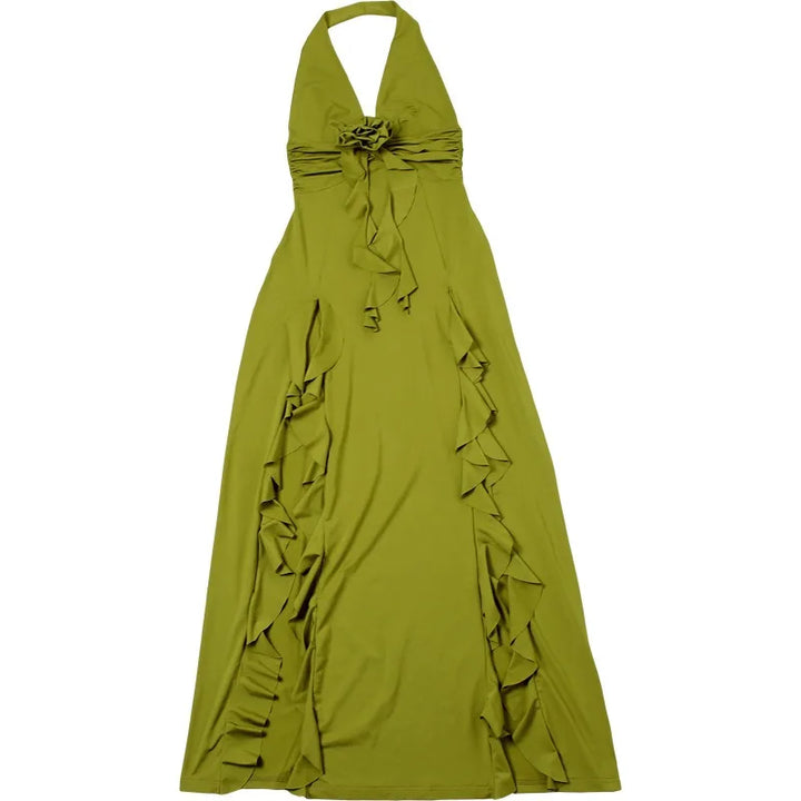 Maxi Dress with Ruffle and Flower Decoration and Open Back - Maxine