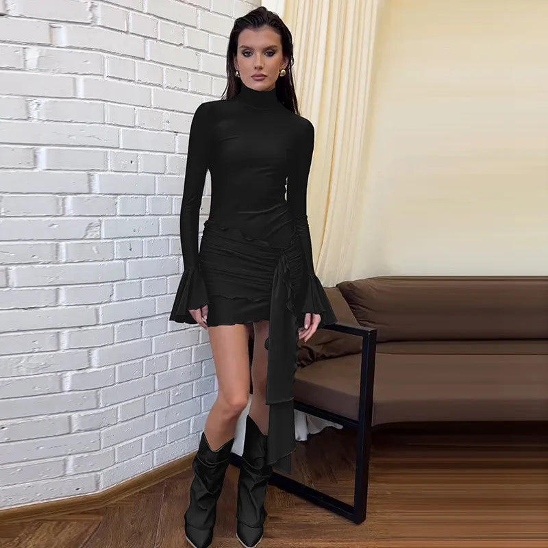 Turtleneck mini dress with bell sleeves and ruffle detail - Jenna