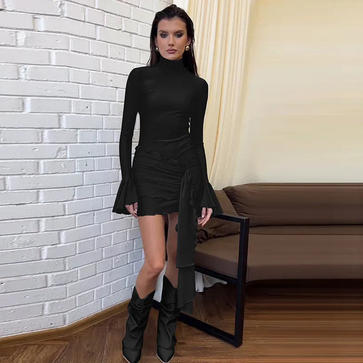 Turtleneck mini dress with bell sleeves and ruffle detail - Jenna
