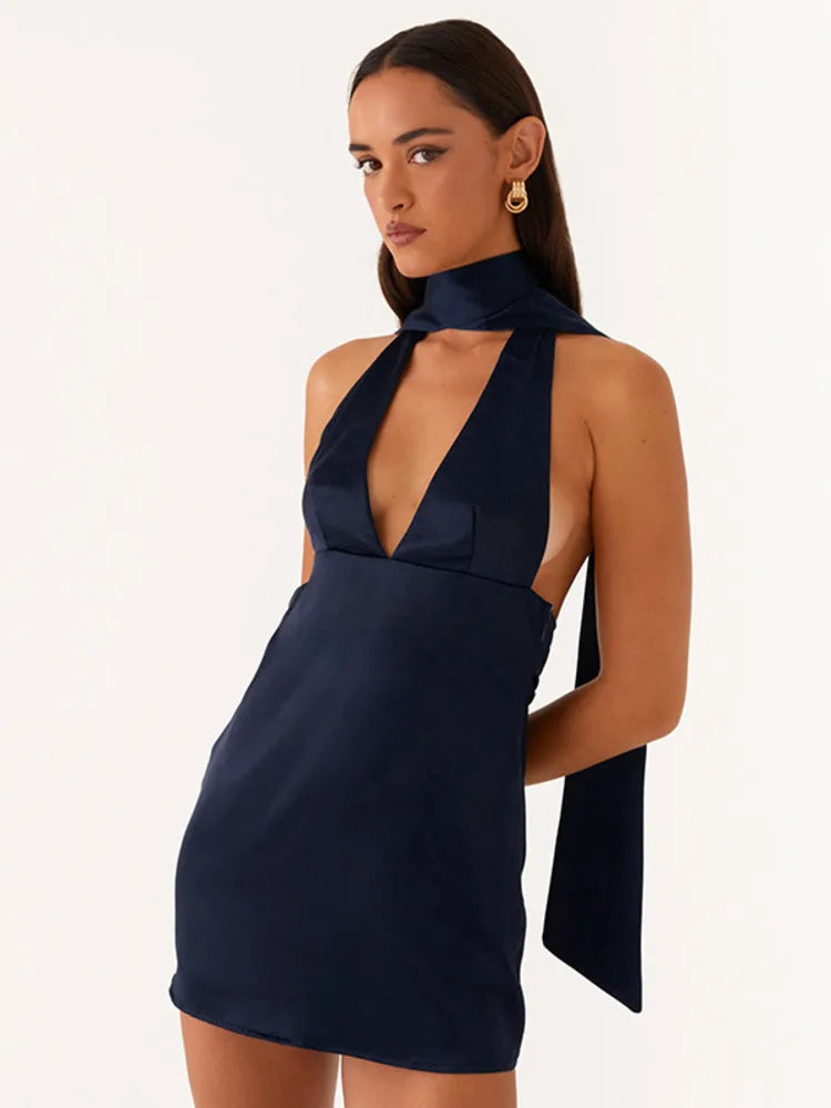 Satin mini dress with V neckline decorated with matching scarf - Karina