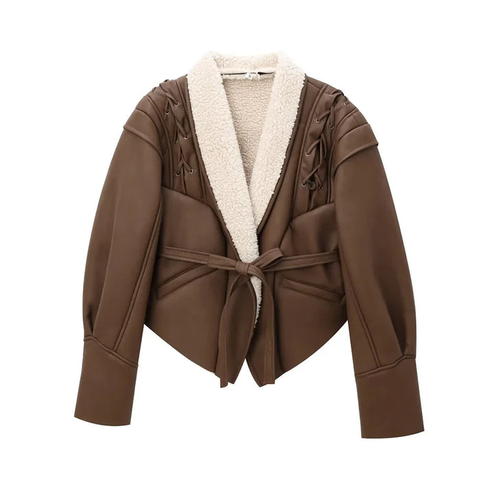Leather coat with inner fur and belt tie design - Moran