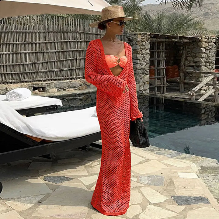 Mesh Maxi Beach Dress with Open Chest/Back - Amber