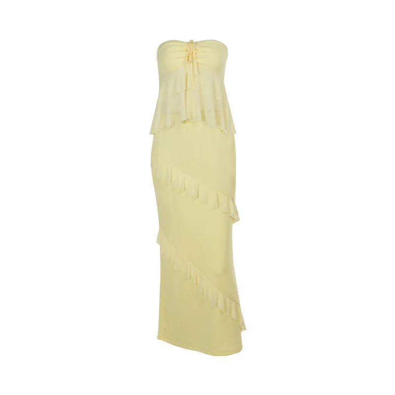 Two-Piece Set with Strapless Top and Maxi Skirt with Ruffle Detail - Sunny