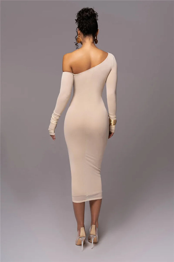 Midi ruched dress with asymmetrical neckline - LOV