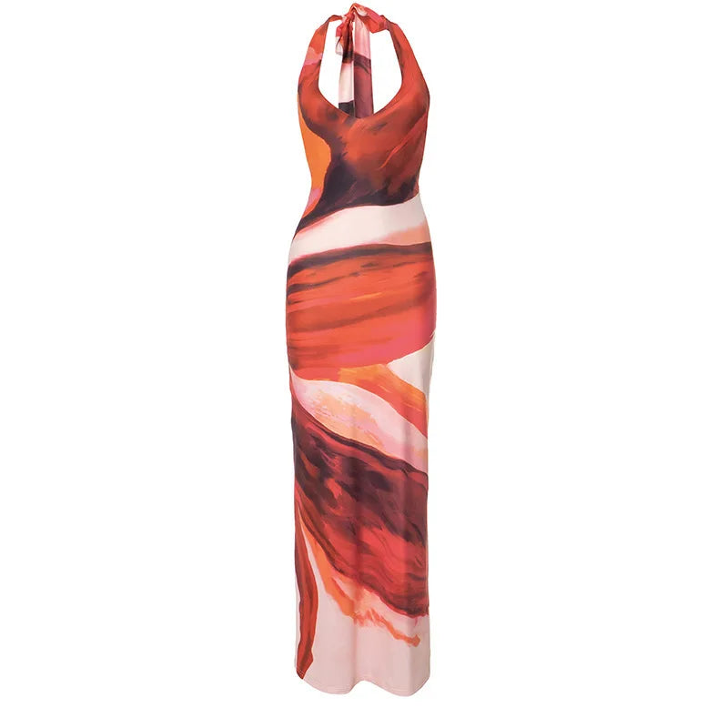 Maxi Dress with Colorful Print, Neck Tie, and Open Back - Chulia