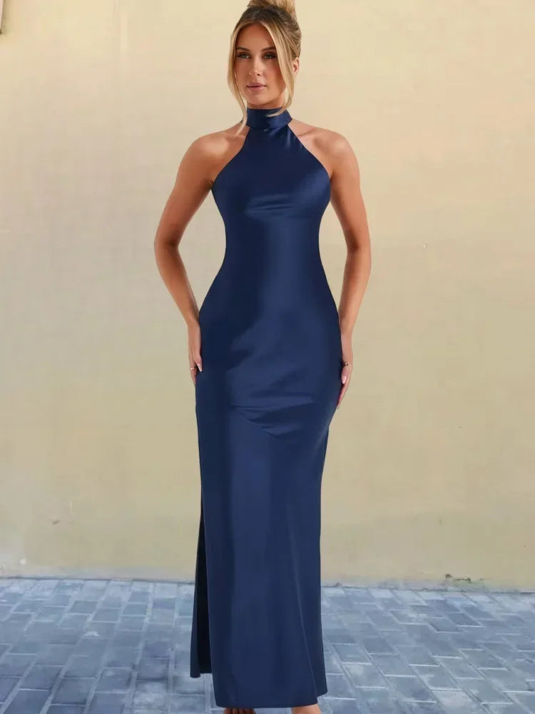 Maxi Satin Collar Dress with Slit Detail - Amari