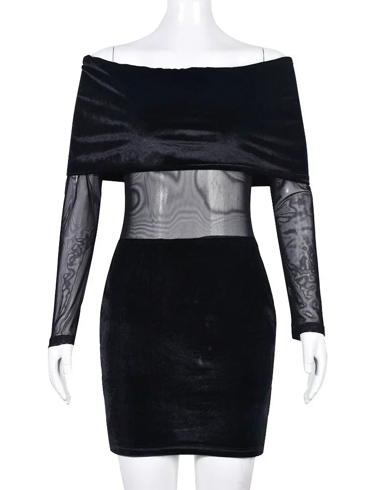 Velvet off-shoulder mini dress with mesh design - Shariel