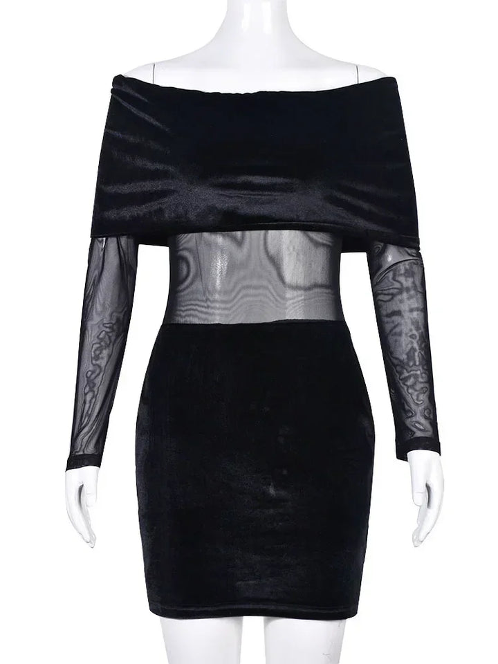 Velvet off-shoulder mini dress with mesh design - Shariel