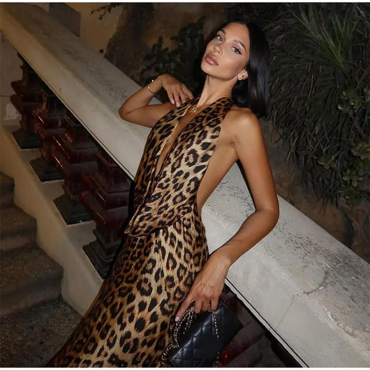 Leopard Satin Maxi Dress with Neck Tie and Draped Collar - Adelyn