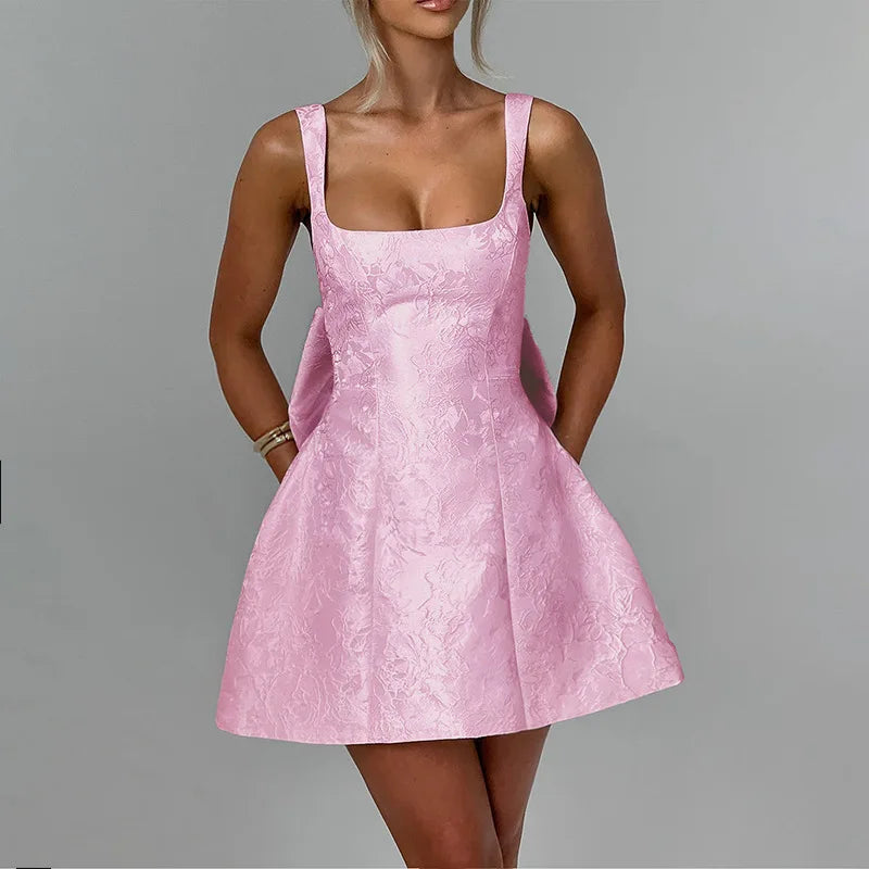 Mini dress with floral illustration print and bow detail on the back - Louisa
