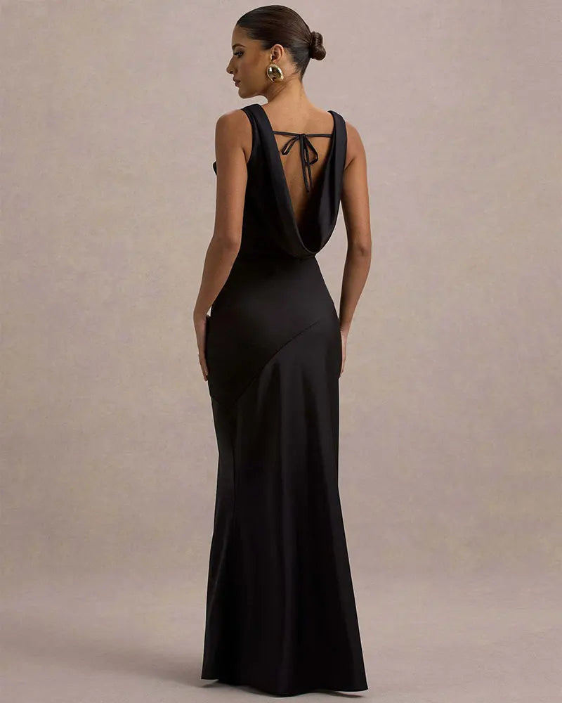 Maxi satin dress with draped collar and open back - Alexis