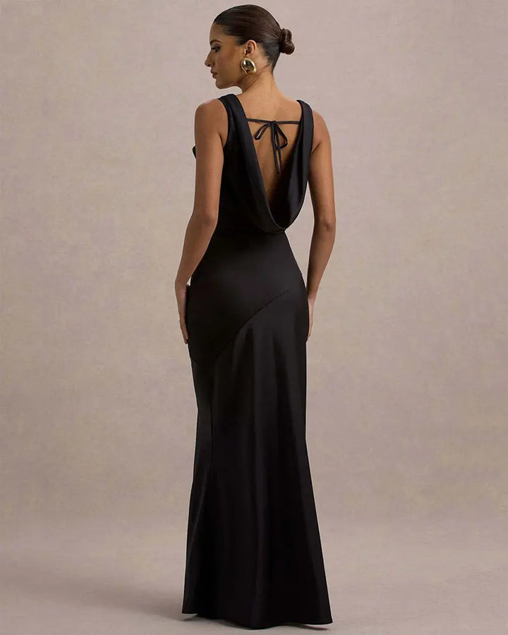 Maxi satin dress with draped collar and open back - Alexis
