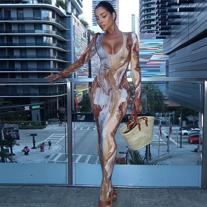 Tight Maxi Dress with Special Print - Storm