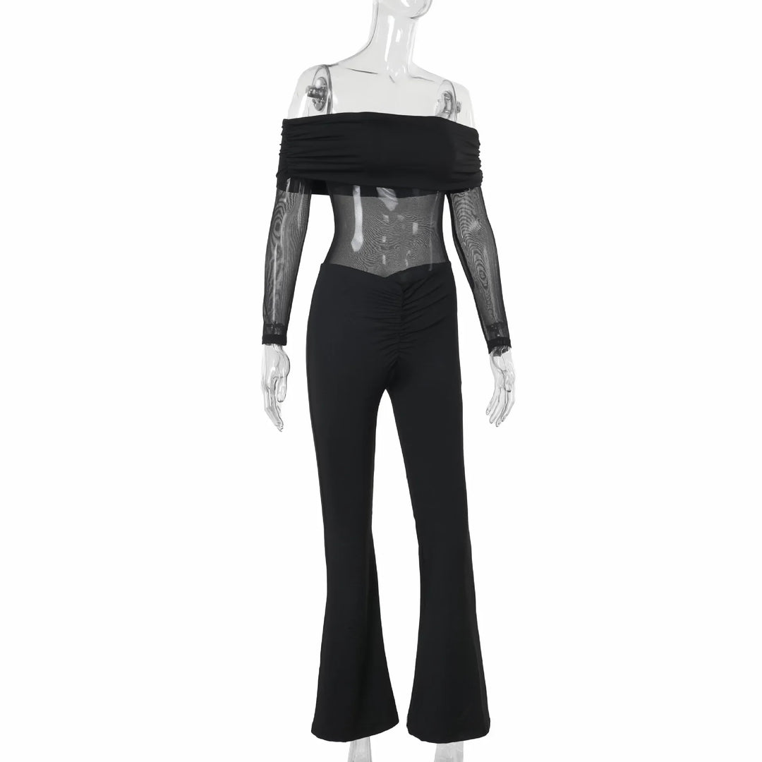 Shaping fabric jumpsuit with mesh design and off-shoulder pedal pants - Maya Lee